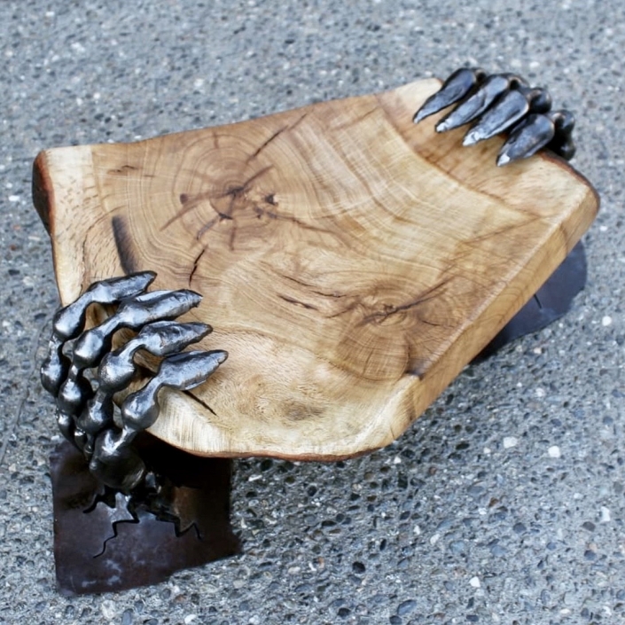 Hand-forged hands on cedar burl fruit bowl