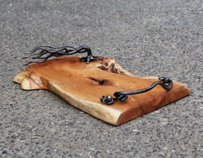 Yew serving tray with forged handle work
